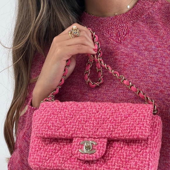 Chanel Classic Rectangular Mini Flap 22K Pink Tweed Light Gold tone Hardware - Picture 6 of 14